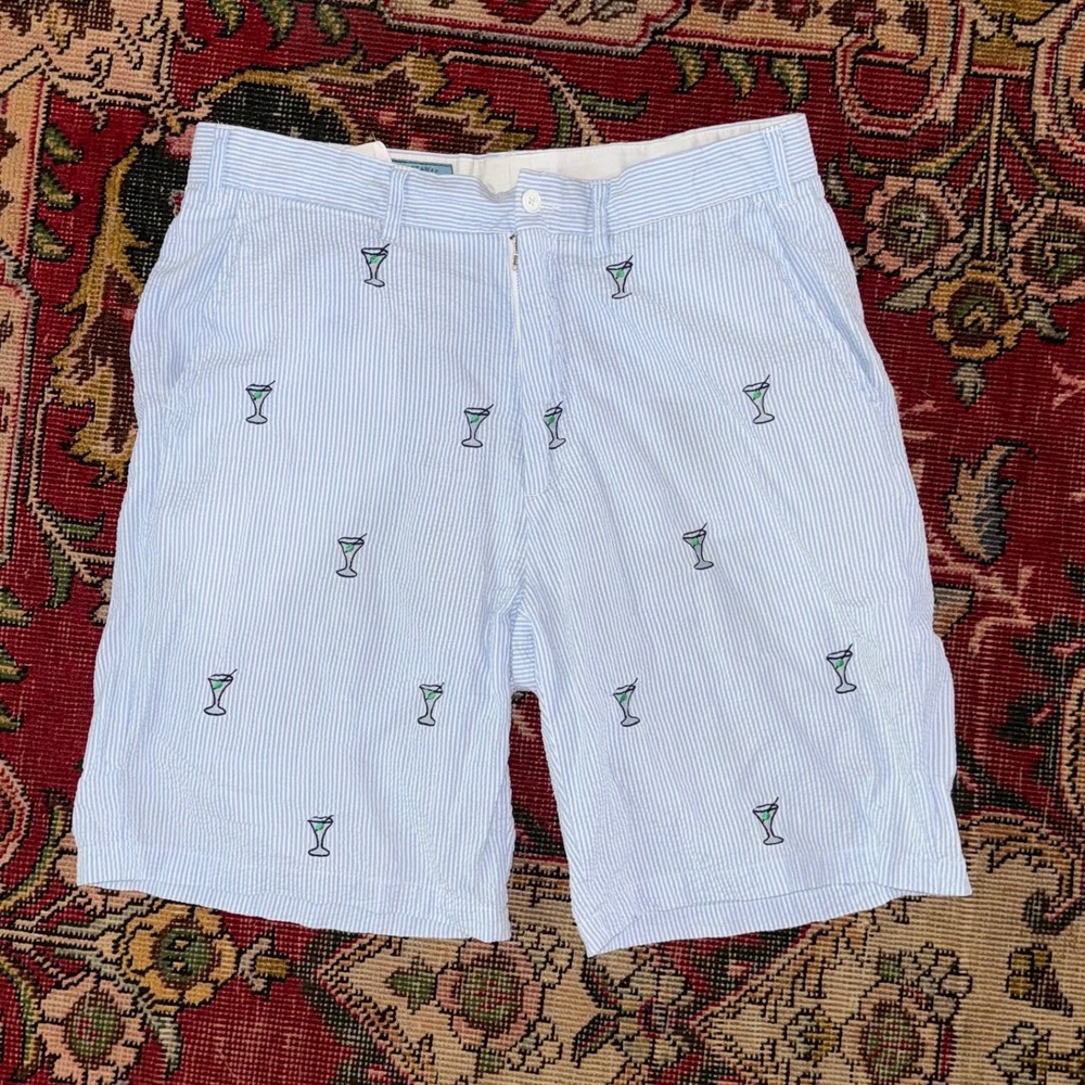 Castaway Nantucket Island Martini Embroidered Seersucker Shorts 33 Blue White